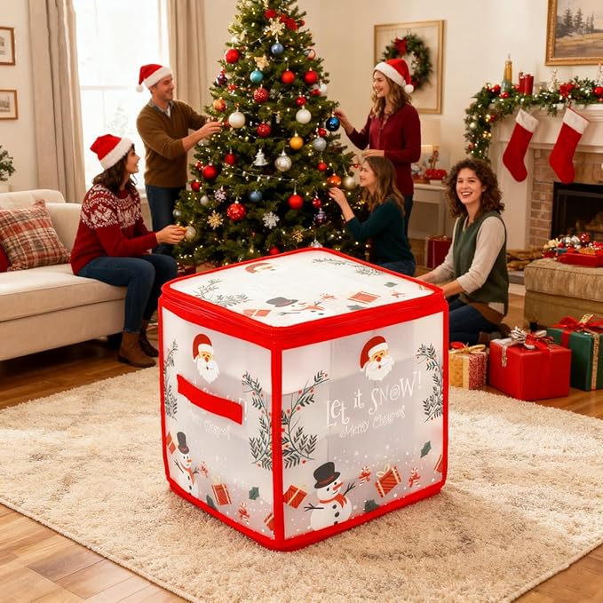 Pwsap 64 Christmas Ornament Storage Box with Handles, Santa Claus Storage Containers Organizer Bag with Dividers, Ultimate Organizer for 3In Xmas Ornaments, Seasons Balls, Holiday Decoration