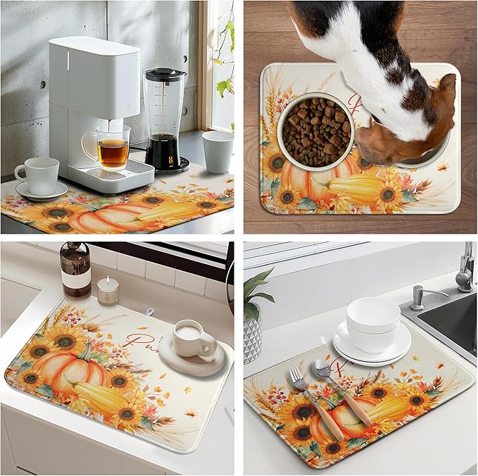 Fall Pumpkin Dish Drying Mat Autumn Maple Leaves Harvest Large Kitchen Mats Dish Drying Pad Absorbent Dish Dryer Mat for Kitchen Countertops Microfiber Drainer Pad Dish Drying Mats (18x24 in)
