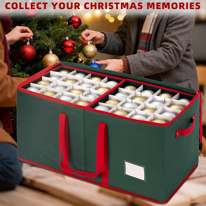 JY COOKMENT Christmas Ornament Storage Box with Adjustable Dividers and Side Pockets, Large Ornaments Storage Container Bin with Zippered Top for Xmas Decorations (128-3" Balls, Green, With Tray)