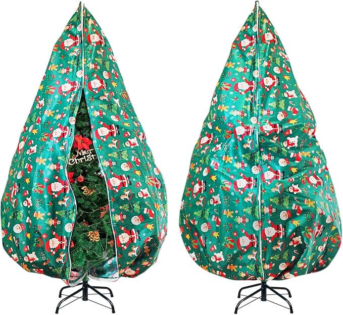 Upright Christmas Tree Storage Bag,Fits Up to 9 ft Tall Artificial Tree,Large Holiday Xmas Tree Cover Upright Tree Dustproof Bag with Zipper & Drawstring 6.6ft(W)*9.2ft(H) *52in(Dia) (Green)