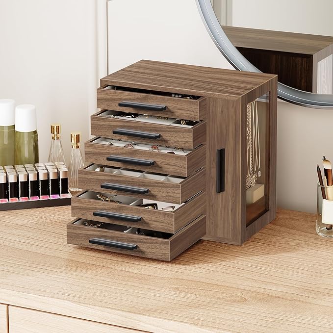 HOOBRO Jewelry Box for Women, Jewelry Organizer Box, 6-Tier Wooden Jewelry Box, Jewelry Case with Side Transparent Window, Creative Gift, for Earring, Necklace, Bracelet, Walnut and Black BH12JB04