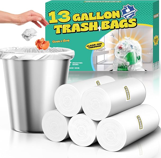 T.FORING 13 Gallon Tall Kitchen Trash Bags - 110 Count Clear Plastic Garbage Bags Unscented Trash Can Liners Strong Waste Basket Bags 49.2 Liter for Home and Office Bins
