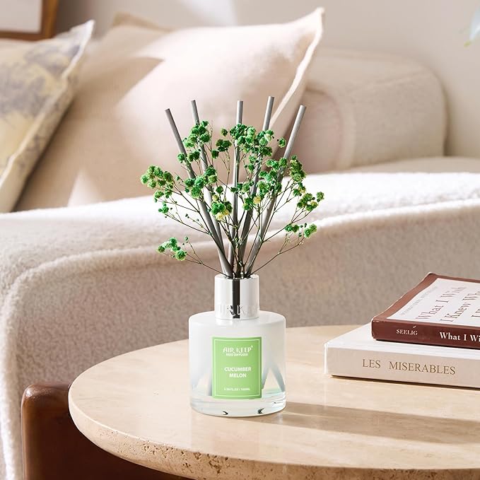 Airkeep Reed Diffuser Set,3.38 fl oz (100 ml) - Cucumber Melon Oil Diffusers with 8 Reed Sticks, Home Fragrance Reed Diffuser for Bathroom Shelf Decor