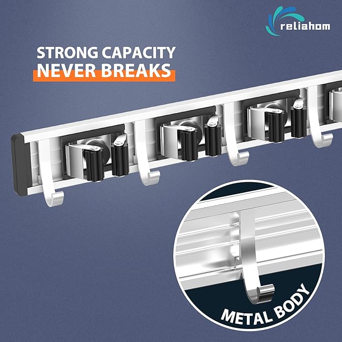 reliahom Broom Holder Wall Mount Mop and Broom Hanger Wall Mounted Garage Storage Rack Kitchen Garden Tool Organizer (4 Racks with 5 Hooks, Black)