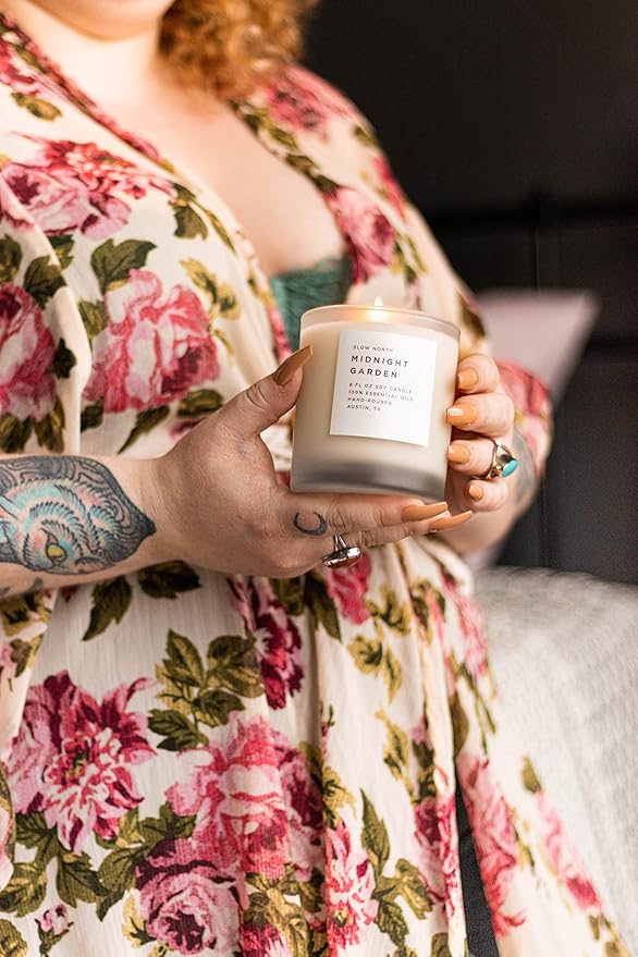 Slow North Midnight Garden Candle - Essential Oils and Pure Soy Wax Candle in a Reusable Frosted Glass Jar - A Unique Scented Candle Hand-Poured in The USA (8 oz)