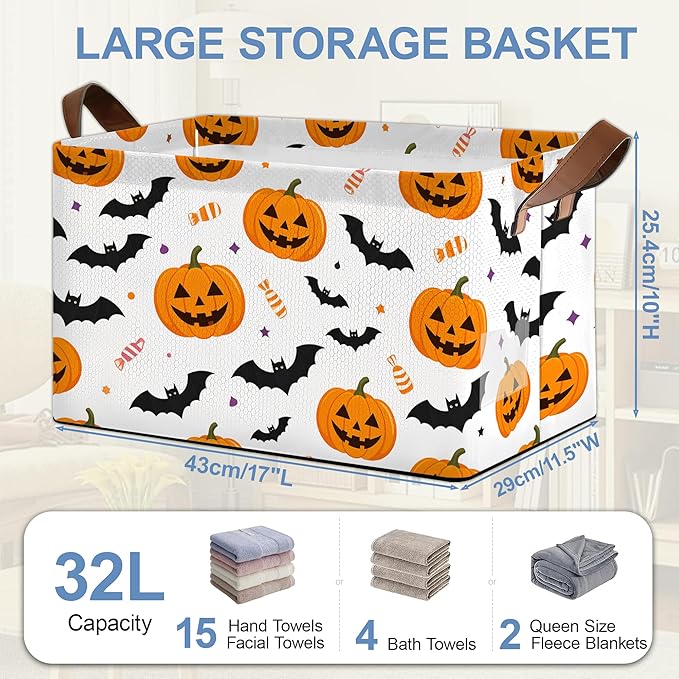 Halloween Pumpkin Bat Storage Baskets,Candy Foldable Organizer Bin with Handles for Home Living Room Bedroom Closet Box 17x11.5x10Inch