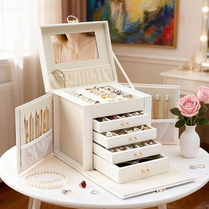 EnHomee Jewelry Box for Women, 5-Layer Large Jewelry Organizer with Mirror & 4 Drawers for Rings, Earrings, Necklaces, Bracelet Lockable Case with Lock (White + Gold)