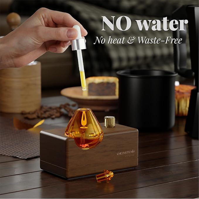 Amber Premium Glass Essential Oil Diffuser with Handmade Wood Base for Aromatherapy, Retro Waterless Scent Diffuser with Cool Mist, Rechargeable & Wireless Oil Nebulizer with LED & Timer, 2026 Model