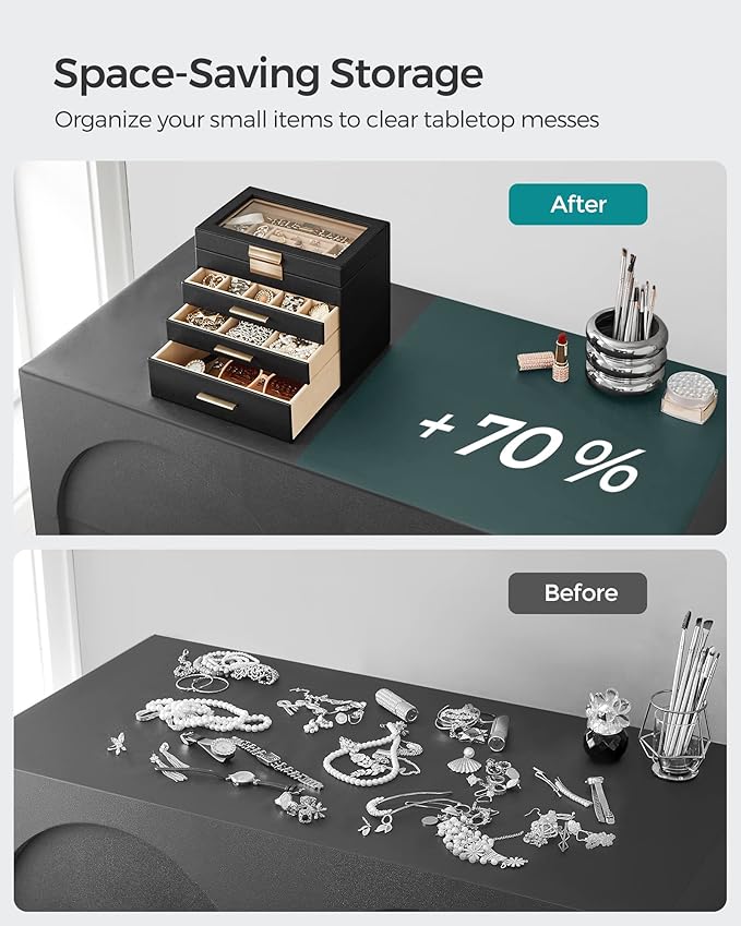 SONGMICS Jewelry Box Organizer with Glass Lid, 4-Layer Jewelry Storage, with 3 Drawers, Modern Style, 6 x 9.9 x 8.5 Inches, Graphite Black and Gold Color UJBC161B02