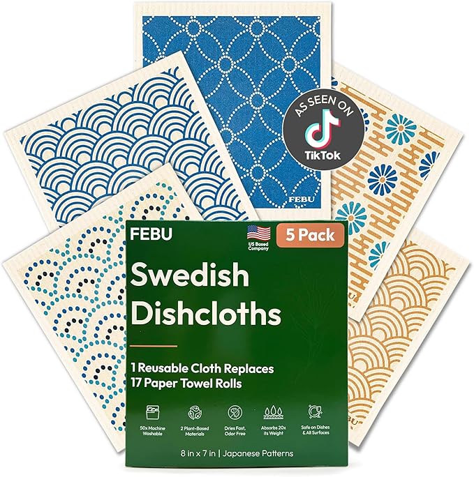FEBU Swedish Dishcloths for Kitchen | 5 Pack Japanese Reusable Paper Towels Washable | Swedish Dish Towels | Non-Scratch Cellulose Sponge Cloths | No Odor, Biodegradable Cleaning Cloths