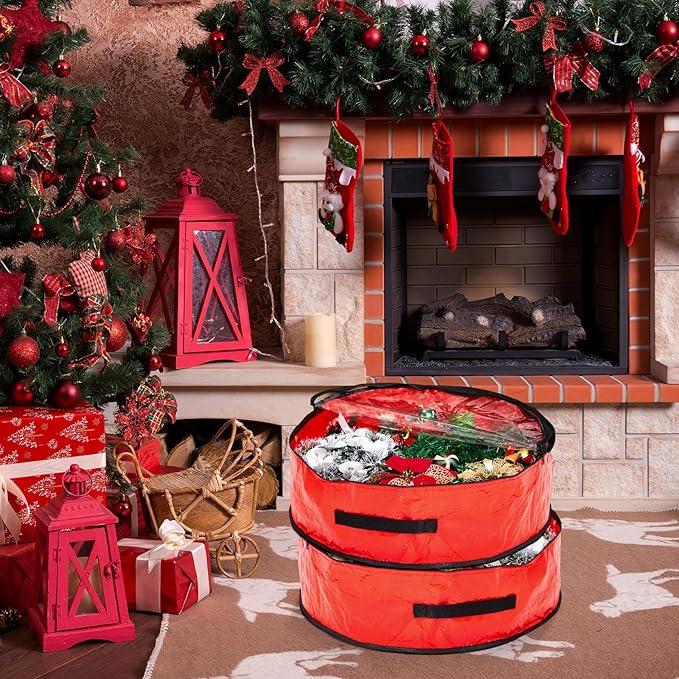 4 Pcs Christmas Wreath Storage Bag, Christmas Garland Storage Container with Clear Window, Zipper & Handle for Xmas Holiday Seasonal Wreath Garland Box(Red,36")