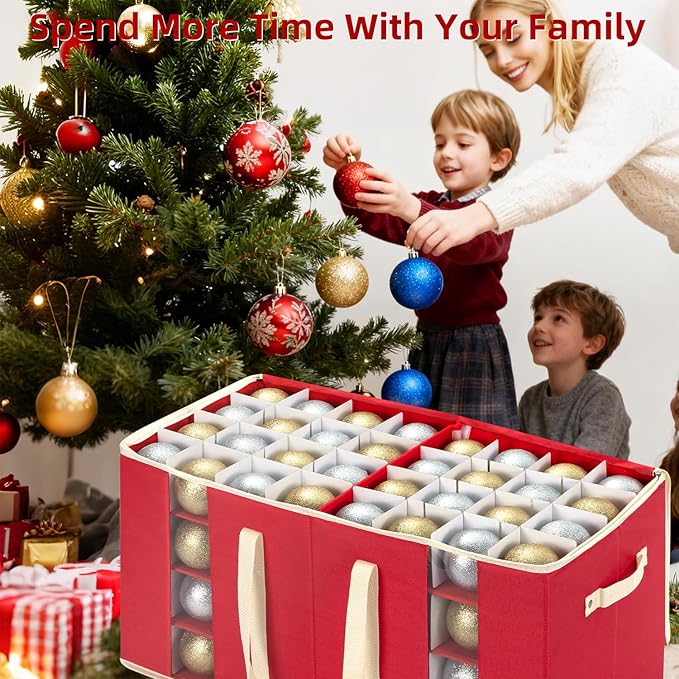 inin Christmas Ornament Storage Box with Adjustable Dividers,Christmas Ornaments Organizer with Zipper,Storage Container Bin with Side Pockets for Holiday Decorations(128 Ball, Red, without Tray)