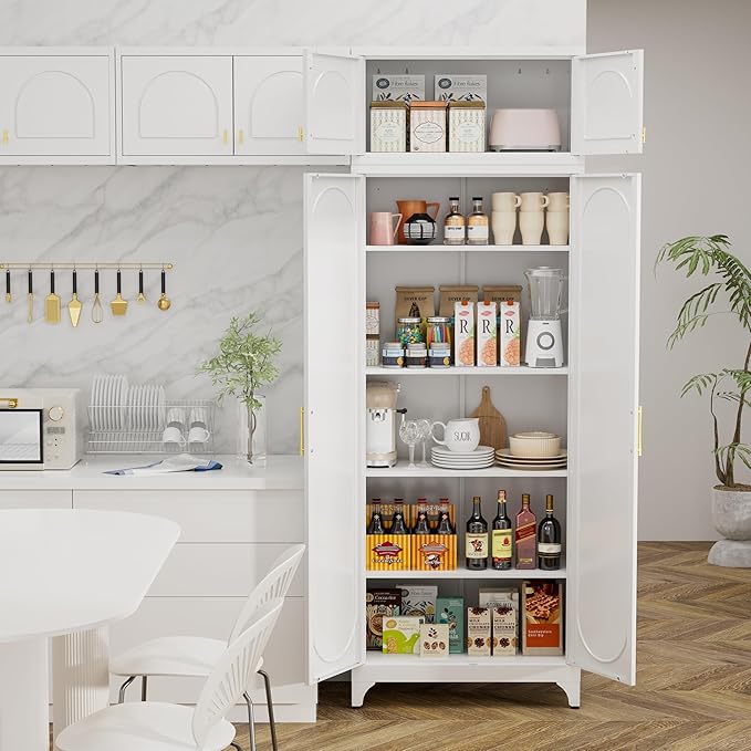 Metal Storage Cabinet with Doors, 90" Tall Kitchen Pantry Storage Cabinets with Adjustable Shelves, White Pantry Closet, Steel Large Cupboard, High Leveling Feet- Assembly Required