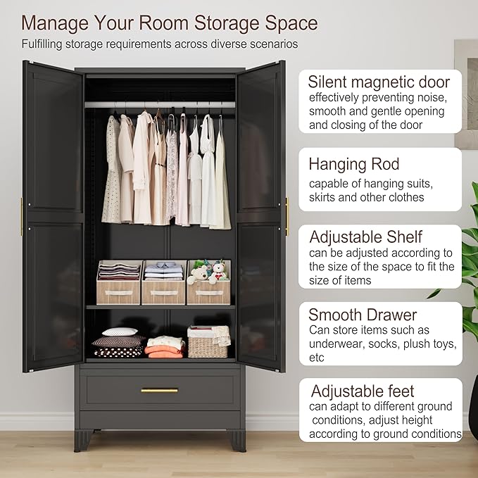 71"H Metal Tall Armoire Wardrobe Closet with Drawer,Household Steel Wardrobe Closet Cabinet with Drawers,Clothing Storage Wardrobes Cabinet with Adjustable Shelves and Hanging Rod For Bedroom