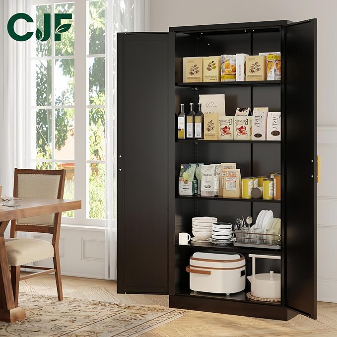 CJF Black Kitchen Pantry Cabinet,71 Inch Tall Metal Storage Cabinet with 4 Adjustable Shelves and Doors, Freestanding Pantry Cabinet for Kitchen, Living Room, Dining Room, Bathroom, Easy to Assemble