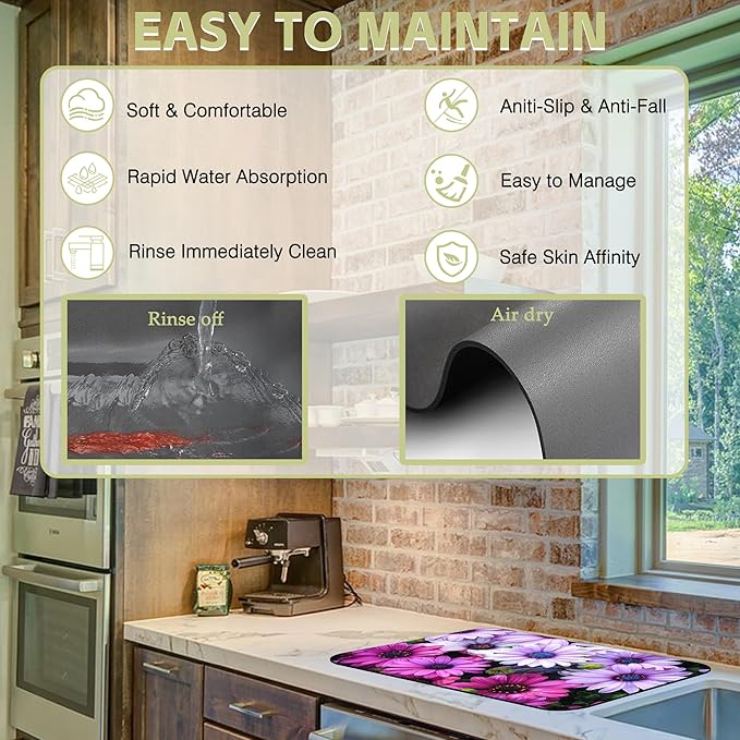Kitchen Mat Beautiful Purple Flowers Dish Drying Mat 12"x19" Bsorbent Coffee Maker Mat for Sink Dishes or Under Rack Kitchen Counter Accessories Absorbent Hide Stain Rubber Backed Dish Drying Pad
