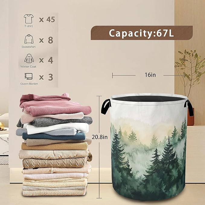 Large Laundry Basket,Green Forest Collapsible Laundry Baskets,Misty Mountains Waterproof Oxford Hamper with Handles for Bathroom Bedroom Nursery Home Storage 16"x20"