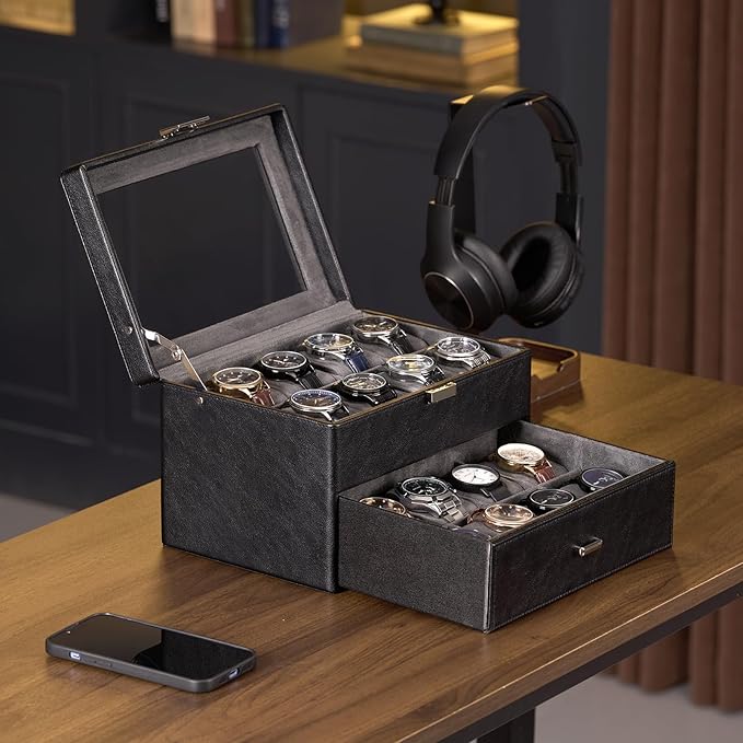 ProCase Watch Box for Men, Jewelry Organizer Box with Drawer, Display Storage Case with Glass Lid -Black, 16 Slot