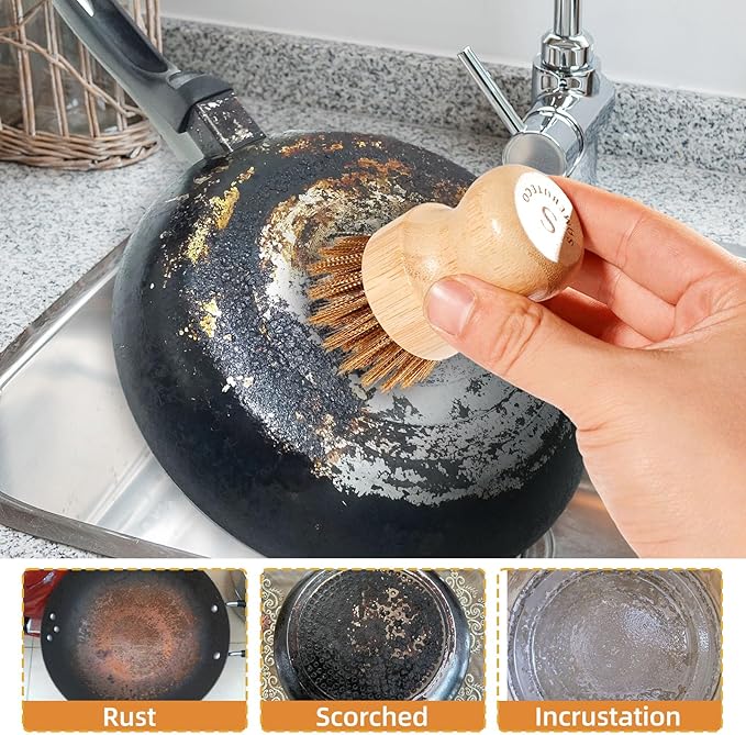 SAMBUTECO Cast Iron Cleaner Scrubber with Copper Bristle Natural Bamboo Handle Heavy Duty Pot Brush for Cast Iron Pans, Cast Iron Skillets Dutch Ovens Pots BBQ Grill Rust Removal and Cleaning