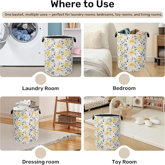 Yellow Gray Flowers Large Clothes Hamper Bag - Laundry Basket with Handles, Space Saving Foldable Design for Nursery