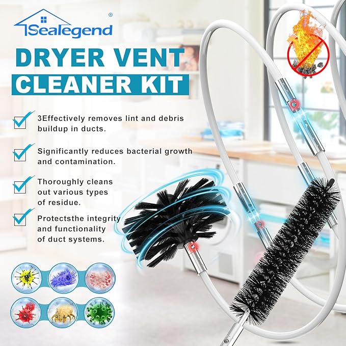 Sealegend 50 Feet Dryer Vent Cleaner Kit/Lint Remover/Fireplace Chimney Brushes/Upgraded Flexible Quick-Snap Brush with Drill Attachment for Easy to use/Cleaning Tools Use with or Without Power Drill
