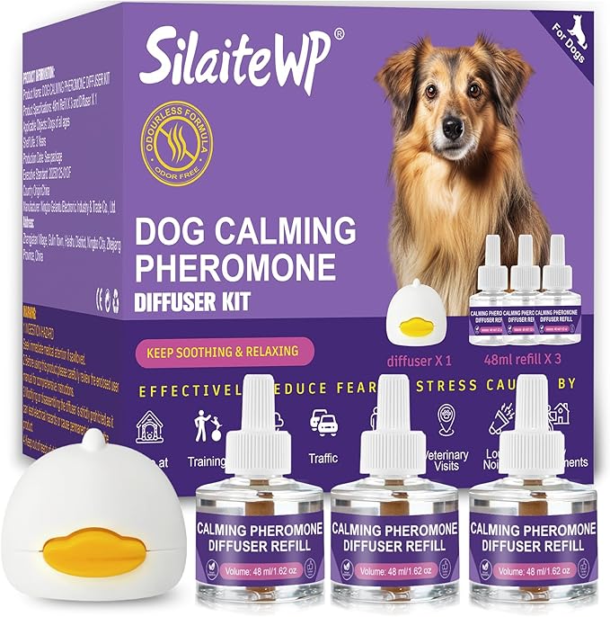 Calming Pheromone Diffuser for Dogs, 1 Diffuser 3 Refills, Relieves Separation Anxiety, Stress, Barking, and Chewing Calming Relaxation