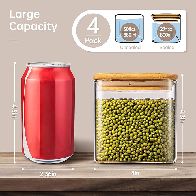 HomArtist 27oz - 4 Pack Square Glass Jars with Bamboo Lids, Glass Food Storage Containers with Airtight Lids for Kitchen, Air Tight Pantry Storage Containers