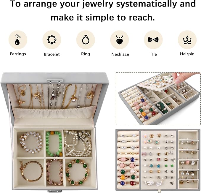 Homeanda Jewelry box 2 layer Jewelry box Leather Jewelry boxes for Women Girls Teens Jewelry organizer box Jewelry Storage box with lock(Grey)