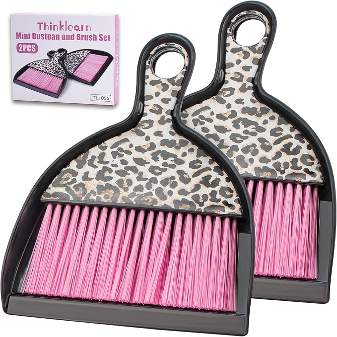 THINKLEARN 2PCS Mini Dustpan and Brush Set, Small Broom and Dustpan Set with Pink Leopard Print Design, Hand Broom Whisk Broom and Dust Pan for Cleaning Desk, Home, Cars, Pets, Kids