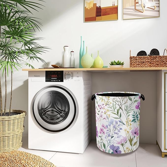 Wildflower Plant Laundry Basket,Botanical Oxford Cloth Laundry Hamper with Handle Foldable Portable Clothes Storage Basket for Bathroom Bedroom Dorm Room 16" x 20.8"