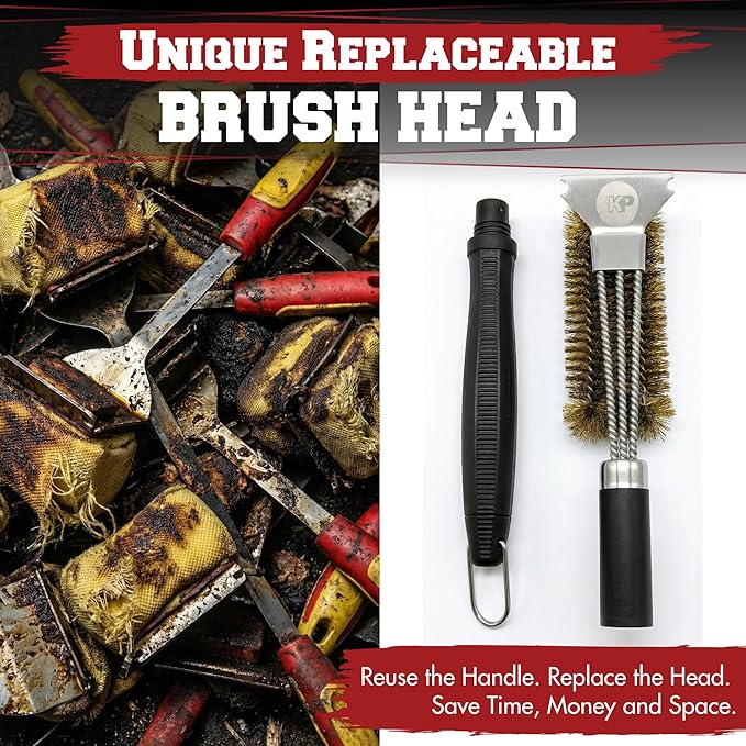 KITCHEN PERFECTION Brass GrillSaver - Safe BBQ Grill Brush with Replaceable Cleaning Head -Heavy-Duty Grill Cleaner w/Scraper for Porcelain & Ceramic Grates, Includes Magnetic Hanger & Bottle Opener