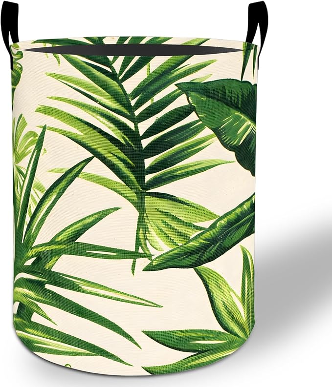 Tropical Leaves Laundry Basket Hamper 19.7"x15.8", Palm Leaf Foldable Waterproof Oxford Clothes Storage Bucket for Room Bathroom Bedroom Nursery Decor, Toy Organizer Bins Gifts for Kids Boys Girls