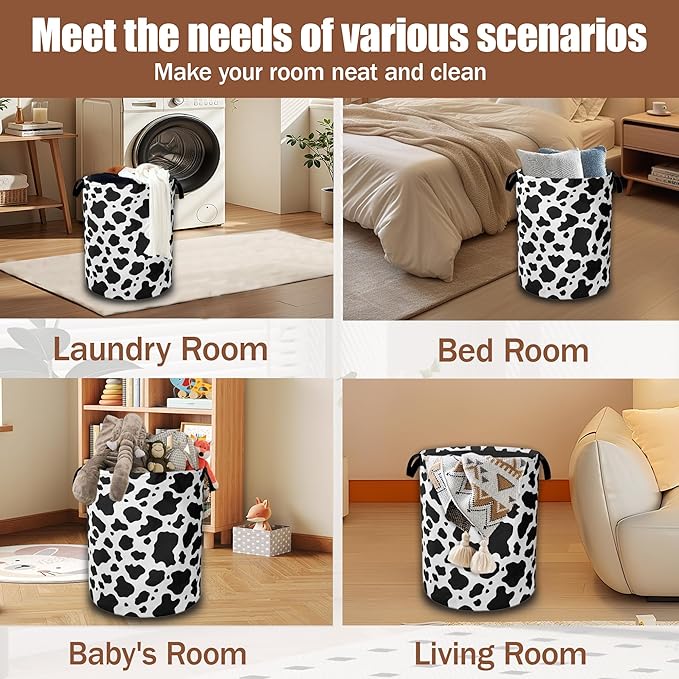 Cow Print Laundry Basket,Waterproof Foldable Laundry Hamper,Dirty Clothes Basket, Linen Bin Storage Organizer Collection 16" x 20.8"