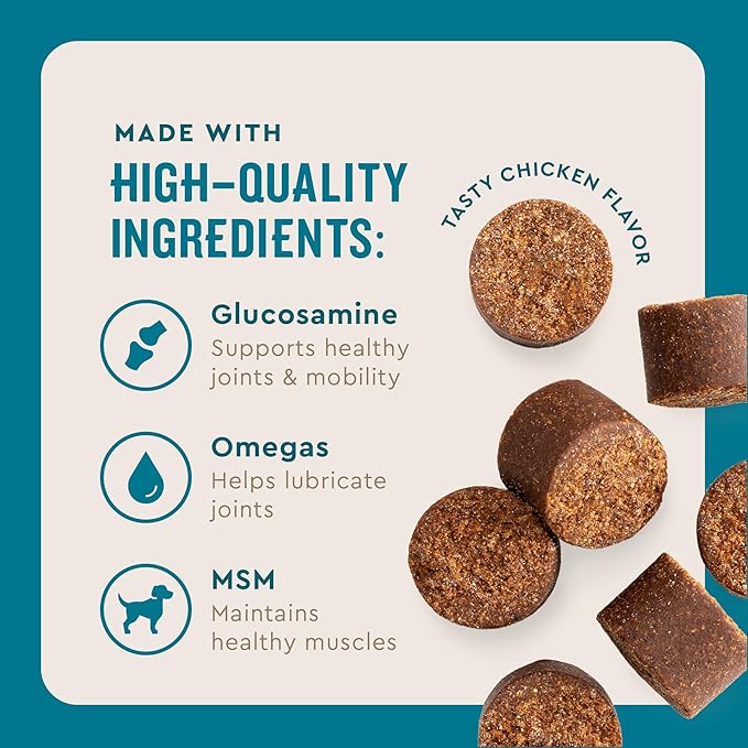 VetIQ Glucosamine Hip & Joint Supplement for Dogs, 60 Soft Chews, Joint Support Supplement with MSM and Krill, Dog Health Supplies Large & Small Breed, Chicken Flavored Chewables
