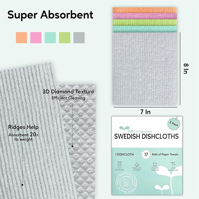Auggee Swedish Dishcloths for Kitchen, 5 Pack Swedish Dish Cloths, Ultra Absorbent Reusable Paper Towels, Cellulose Sponge Cloths, Quick Drying, No Odor, Dishwasher Safe