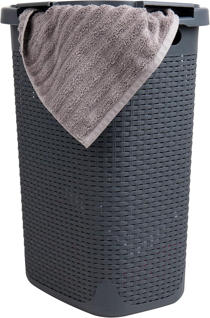 Mind Reader Slim Laundry Hamper with Lid, 60L Clothes Basket, Premium Wicker Design, Plastic, Gray