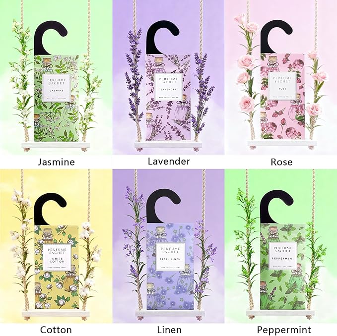 ROSE COTTAGE Large 12 Packs Hanging Closet Deodorizer Air Freshener Scented Sachets Long Lasting Smell Goods 6 Scents Option - Lavender, Linen, Cotton, Mint, Jasmine, Rose