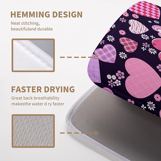 Valentine Pink Love Heart Dish Drying Mat for Kitchen Counter - Happy Valentine's Day Microfiber Pad 18x24 Inch Absorbent Drainer Large Dryer Kitchen Accessories