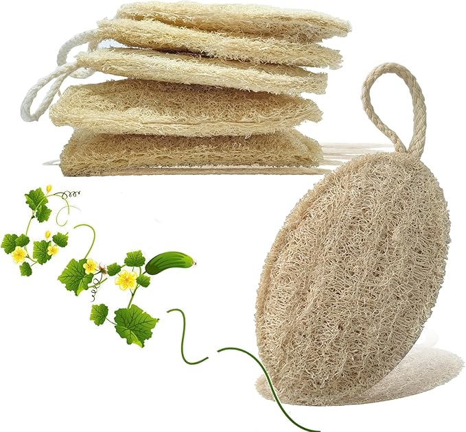 HONSVA Loofah Natural Kitchen Sponge (5 Pcs), No Scratch Scrubber for Dish Cleaning, 100% Plant Based Vegetable Scrubber, Zero Waste and Eco Friendly Sponge for Kitchen (3 Pcs Oval+2 Pcs Rectangular)