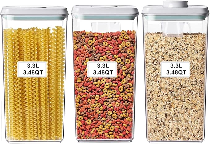 Kahyeets Airtight Food Storage Containers with Lids Pop Up Containers Pasta Organizer for Kitchen Pantry Cereal Snack Flour Sugar Coffee (3pc 3300ml / 3.48qt)