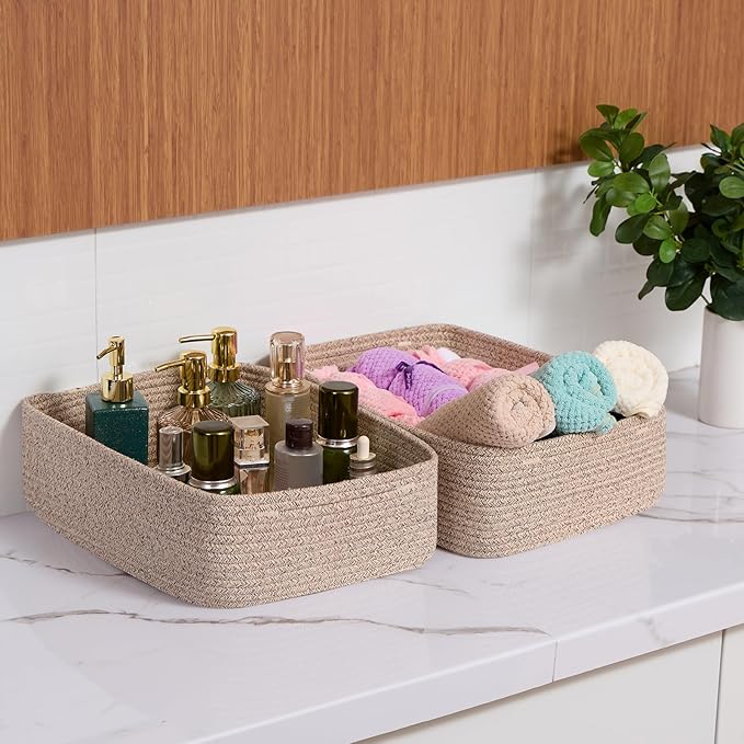 Large Shallow Organizing Baskets 15x11x5.1 Inches - Rope Woven Storage Bins for Bathroom, Shelves, Cube Closet, Mixed Brown 3 Packs