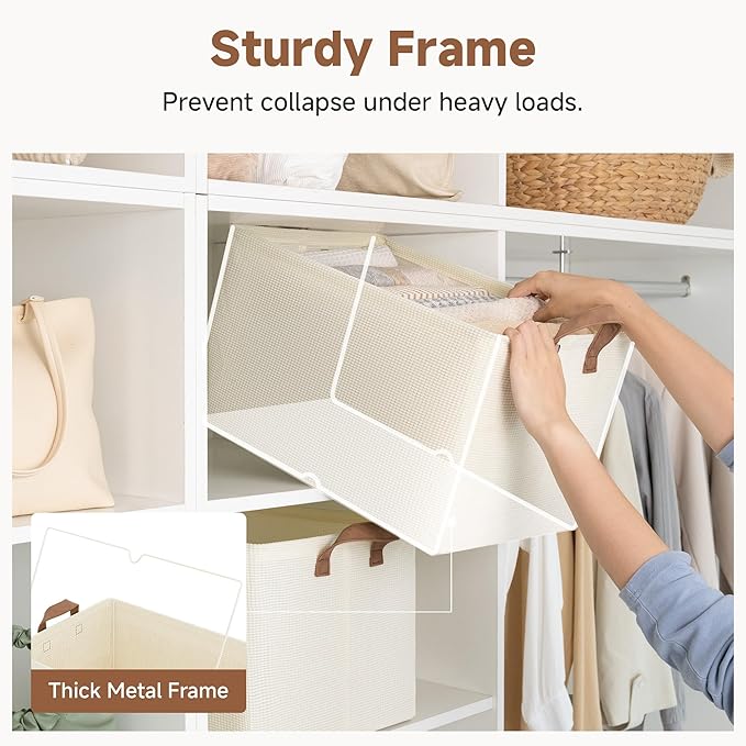 StorageWorks Storage Bins, Shelves Baskets for Organizing, 45L Extra Large Fabric Closet Organizers with Handles, Metal Frame, Beige?Texture?, 2-Pack