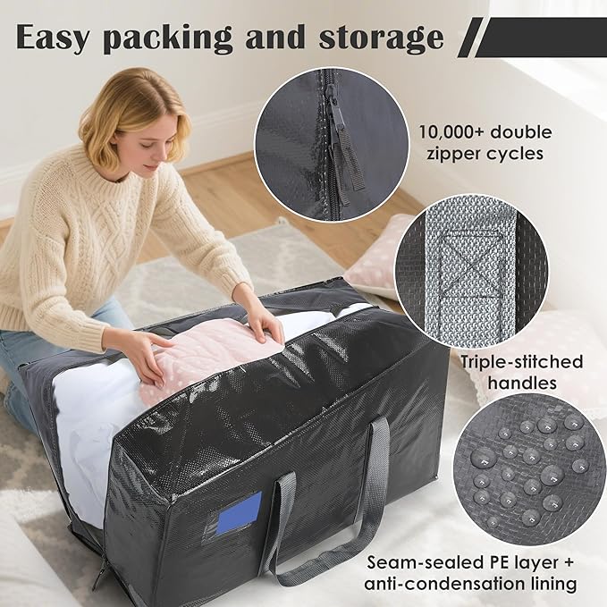 RMOHRO 6 Pack Extra Heavy Duty Large Moving Bags with Reinforced Zipper & Wide Handles, Waterproof Storage Bins for Clothes, College Dorm, Travel, and Home Organization, Gray