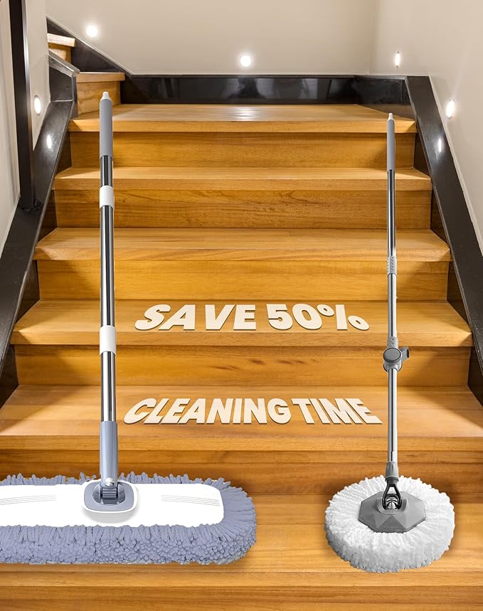 Flat Microfiber Mop and Bucket Set with Wringer, 360° Spin Mop for Floor & Wall Cleaning, 17.7x9in Wide Head, 4 Washable Pads, Hands-Free