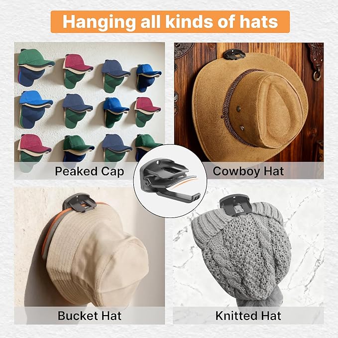 genicuts 8 Packs Hat Organizer ，Holds 40 Hats with Built-in Spring Clips & Hook for Baseball Caps - Wall Mount Closet Hat Rack Holder, Storage for Door/Closet Hat Hanger (Strong Adhesive & Screws)