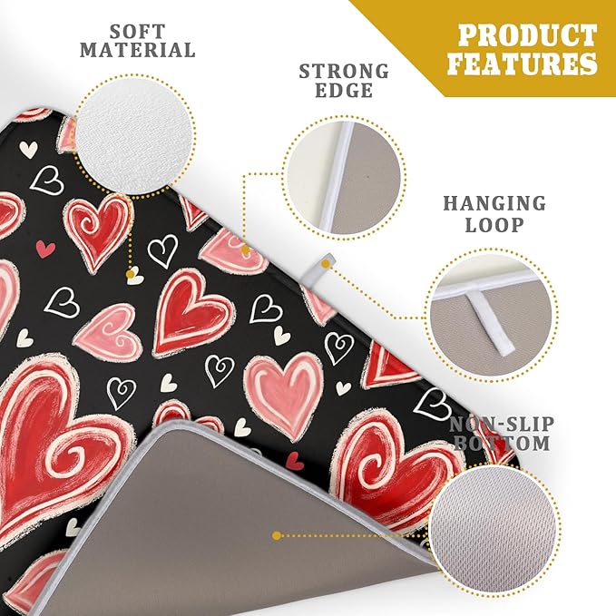 Valentines Day Dish Drying Mat for Kitchen Counter 24x18 Inch Black Red Heart Drying Mat with Absorbent Reversible Microfiber Love Dish Drainer Mats Rack Pad for Coffee Countertop Protector