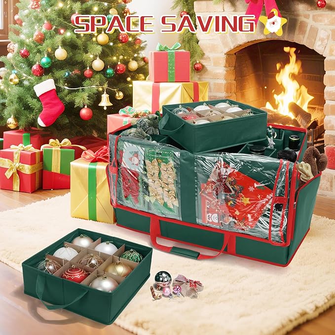 Large 2-in-1 Christmas Ornament Storage Box & Xmas Figurine Container,4 Separate Trays Keep 64-3"/ 54-4" Holiday Ornaments,Adjustable Extent Area for Figurines and Pockets for Decoration