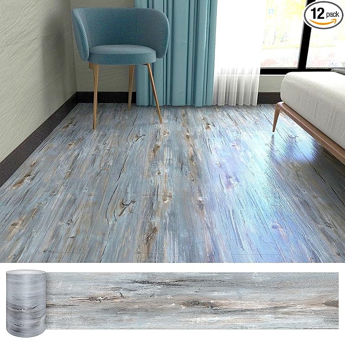 Lareko 18 Sq.Ft,Wood Peel and Stick Floor Tiles,12 Pack Grey Vinyl Flooring (No Adhesive Residue) 36"×6" Waterproof and Non-Slip Laminate Flooring for Renters Bathroom, Living Room(Mediterranean）