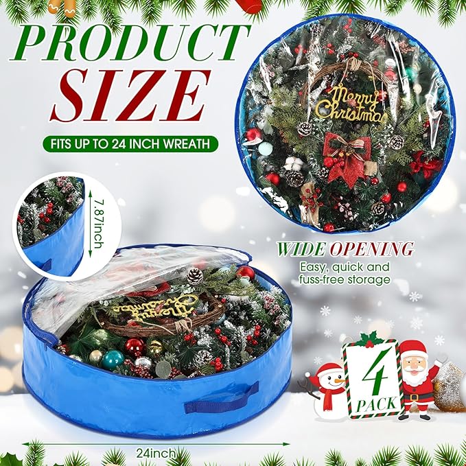 Aliceset 4 Pack Wreath Storage Containers, Christmas Ornament Garland Wreath Storage Bags with Handle Dual Zipper Large Decorative Storages Box for Winter Wreaths(24 x 24 x 7.8 Inch,Blue)