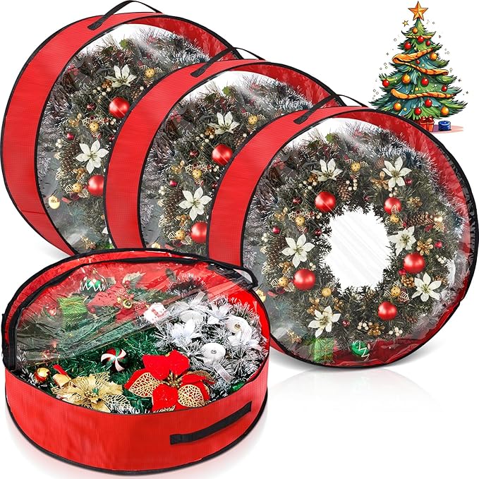 4 Pcs Christmas Wreath Storage Bag, Christmas Garland Storage Container with Clear Window, Zipper & Handle for Xmas Holiday Seasonal Wreath Garland Box(Red,24")